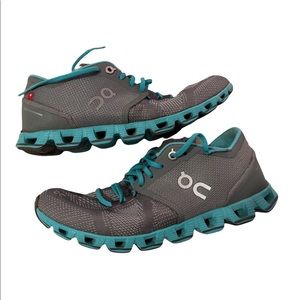 Womens Teal & Gray OC on cloud tennis shoes.